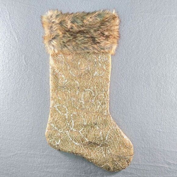 Christmas Stocking NWOT Gold Polyester Dupioni with Golden Stitching and Sequins - Picture 1 of 5